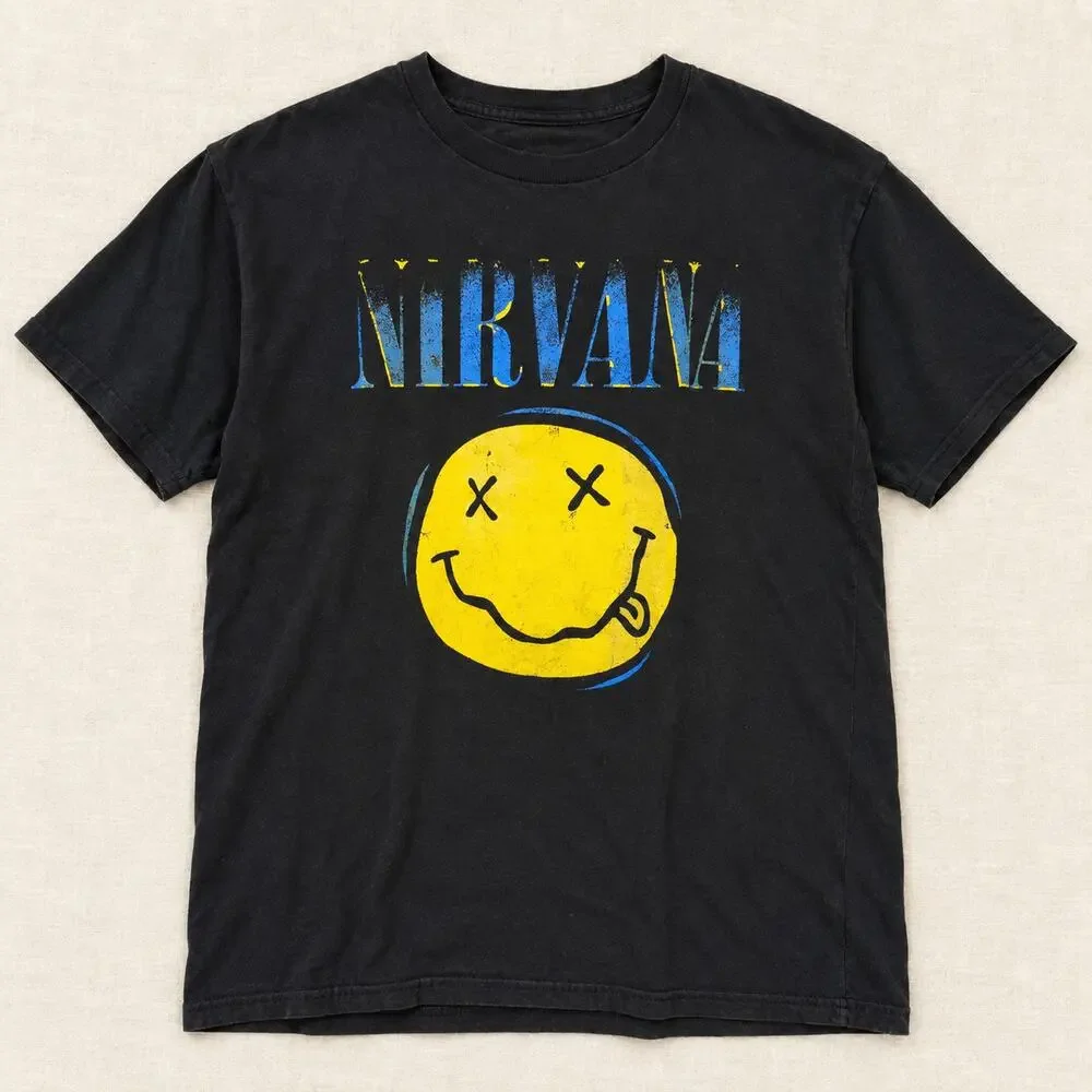Vintage Style Nirvana Smiley Face T-Shirt – Black – Size Large – Grunge Band Tee